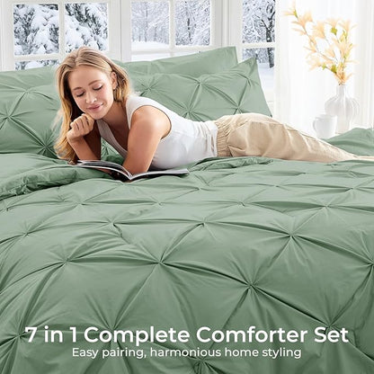 Sasttie King Size Comforter Set, 7-Piece Bed in a Bag, Pintuck Bedding Set for All Season, Includes Comforter, Flat Sheet, Fitted Sheet, Pillowcases and Pillowshams, Sage Green