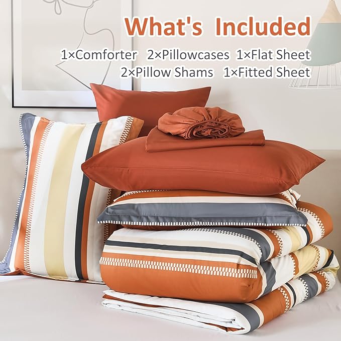 WONGS BEDDING Queen Size Comforter Set, 7 Pieces Bed in a Bag Orange Queen Bed Set, Soft Boho Striped Bedding Sets with Sheets, Pillowcases & Shams