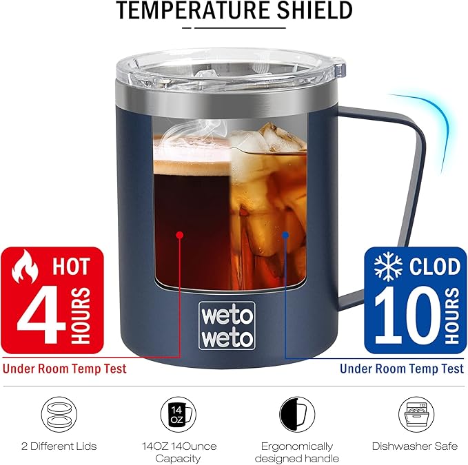 WETOWETO 14 oz Coffee Mug, Vacuum Insulated Camping Mug with Lid, Double Wall Stainless Steel Travel Tumbler Cup, Coffee Mugs Outdoor, Powder Coated Navy Blue Set of 2