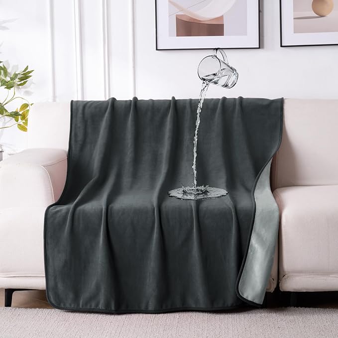 QiyI Waterproof Blanket for Bed Couch Sofa, Small Washable Reversible & Reusable Pet Dog Cat Throw Blanket, Leakproof Stain Resistant Sofa Cover, 40"x60", Dk Grey/Lt Grey