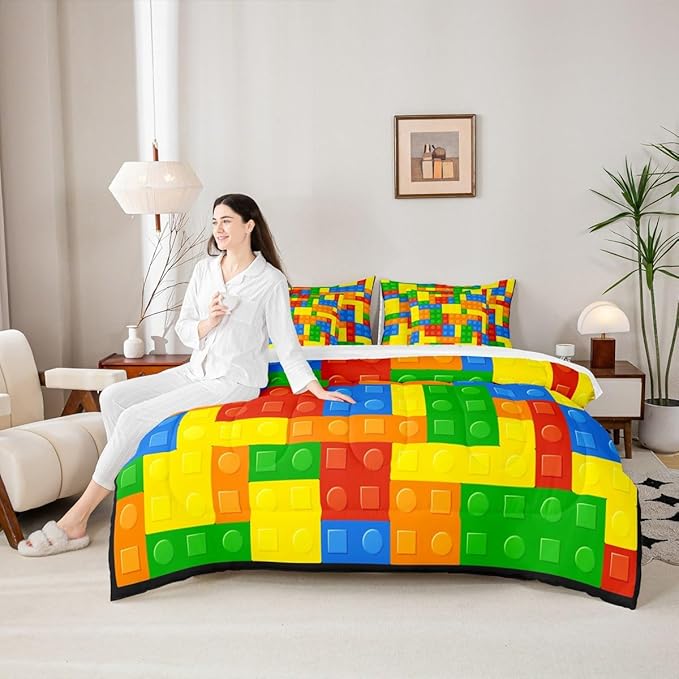 Kids Games Comforter Set 7 Pcs King Size,Cartoon Construction Bedding Set for Child Boys Room Decor Color Building Blocks Gaming Theme Fitted Flat Sheet 2 Throw Pillow Covers 2 Pillowcases