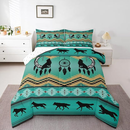 Erosebridal Wolf Bedding Set King Ethnic Tribe Feather Arrow Aztec Quilt,Moon Dream Catcher Bohemia Comforter Set Comforter Set Indian Tribal Geometric Duvet Insert,Vintage Exotic Wildlife,Green
