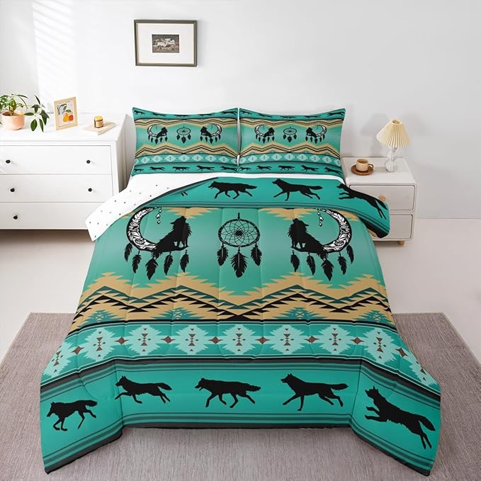 Erosebridal Wolf Bedding Set Moon Dream Catcher Quilt,Southwestern Native Ethnic Tribal Arrow Aztec Queen Comforter Set Western Boho Duvet Insert,Exotic Nordic Style Wild Animals Bohemian Decor,Green
