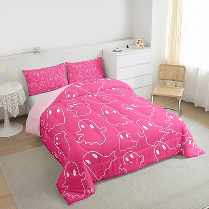 Erosebridal Girls Hallloween Ghost Bedding Set Toddler, Kawaii Ghost Comforter Set, Cute Pink Spooky Comforter for Kids Teens Women Bedroom Decor, Funny Halloween Decor Quilt