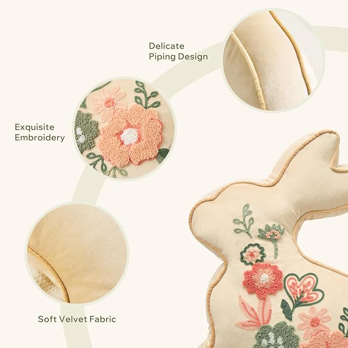 Phantoscope Happy Easter Bunny Shaped Throw Pillow, Embroidered Floral Patterns Cushion Soft Velvet Easter Rabbit Decorative Pillow for Couch Living Room Bed, White,18.5 x 13 inches