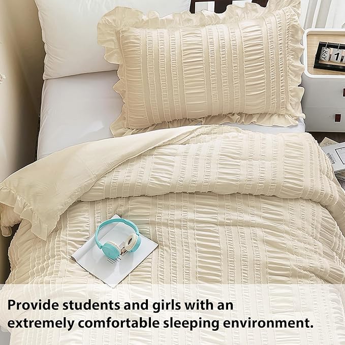 WONGS BEDDING Comforter Set Twin, 3 Pieces Ruffle for Dorm Room Essentials Comforter for Twin Bed, Beige Textured Bedding Set with 1 Ruffle Comforter, 2 Tufted Pillowcases 86"×68"
