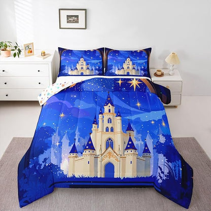 Manfei Princess Theme Kids Comforter Set Full Size,Cartoon Castle Girlish Bedding Set,Girls Women Room Decor,Glitter Starry Sky Galaxy Dreamy Down Comforter,Blue Romantic Duvet Insert,2 Pillowcases