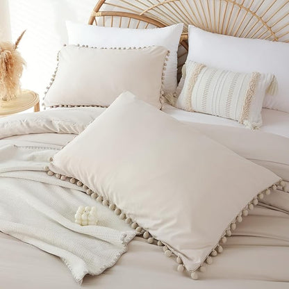 YIRDDEO Twin Comforter Set - Comforter Twin Size Bed with Ball Pom Fringe, Soft Bedding Set for All Seasons - 2 Pieces, 1 Comforter (66"x90") & 1 Pillow Sham(20"x26"), Beige