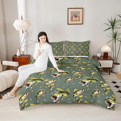 Erosebridal Bass Fishing King Bedding Set - Pike Fish Theme Comforter Set for Boys Kids Teen | Hunting Fisherman Quilt | Lake House Rustic Cabin Bedroom Decor with 2 Pillowcases
