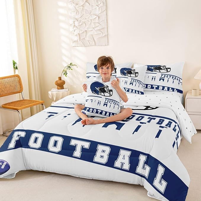 Erosebridal Football 7 Pcs Comforter Set King Football Fans Bedding for Boys Girls Football City Sheet Set Bed in A Bag Blue Rugby Competition Room Decor Sports Ball Game Quilt