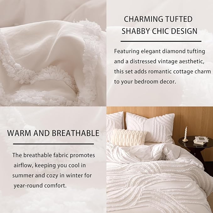 Ivory Twin Comforter Set - 7 Pieces Bed in a Bag, Premium Comforters Twin Size Bed Set Tufted Shabby Chic Bedding Comforter Set with Flat Sheet, Fitted Sheet and Pillowcases,White