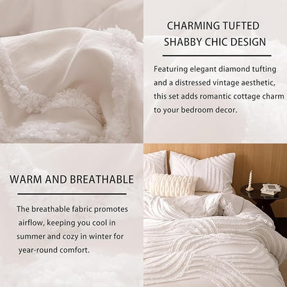Ivory Queen Comforter Set - 7 Pieces Bed in a Bag, Premium Comforters Queen Size Bed Set Tufted Shabby Chic Bedding Comforter Set with Flat Sheet, Fitted Sheet and Pillowcases,White