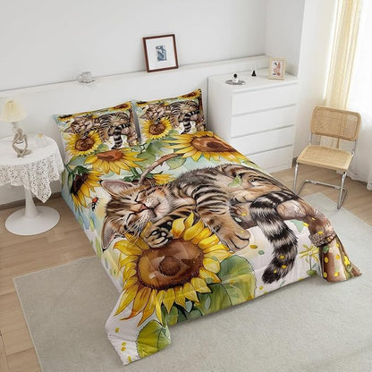 Erosebridal Kids Cute Cat Comforter Set King Rustic Sunflower Bedding Set for Boys Girls Farmhouse Flowers Cat Bedding Comforter Sets Retro Watercolor Blossom Floral Animal Bed Set Yellow Brown