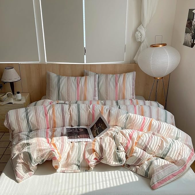 mixinni Pastel Rainbow Stripes Comforter Set King 3 Piece - Striped Bedding Set with Fluffy Comforter & 2 Pillowcases, Lightweight All Seasons, Sweet Boho Aesthetic for Girls Women Teens