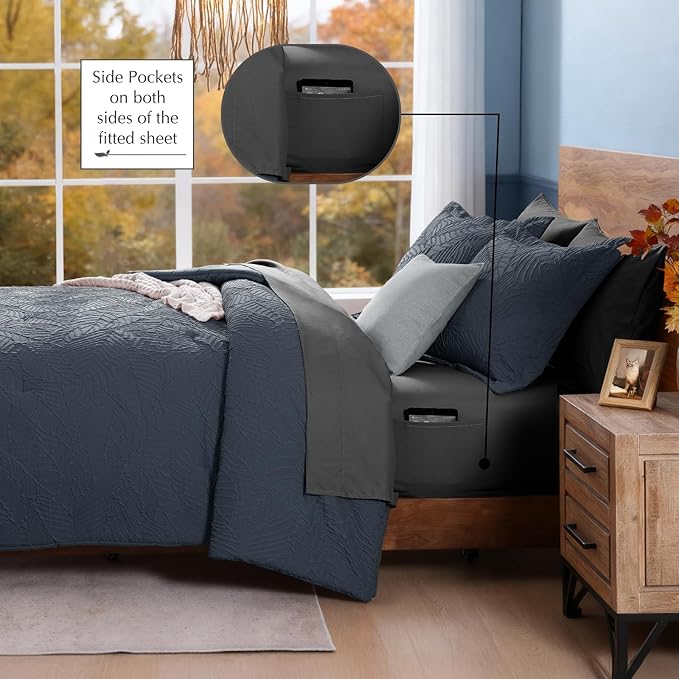 Geniospin Full Size Comforter Set - Blue Gray Textured Bedding Sets Full 7 Pieces, Bed in A Bag with Comforter, Sheets, Pillowcases & Shams, All Season Blue Gray Bedding