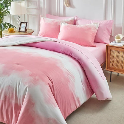 Blush Pink and White Gradient Comforter Set Queen Size 7 Pieces Elegant Ombre Bed in a Bag - Reversible All Season Bedding Set with Comforter, Flat Sheet, Fitted Sheet, 2 Pillowcases & 2 Pillow Shams