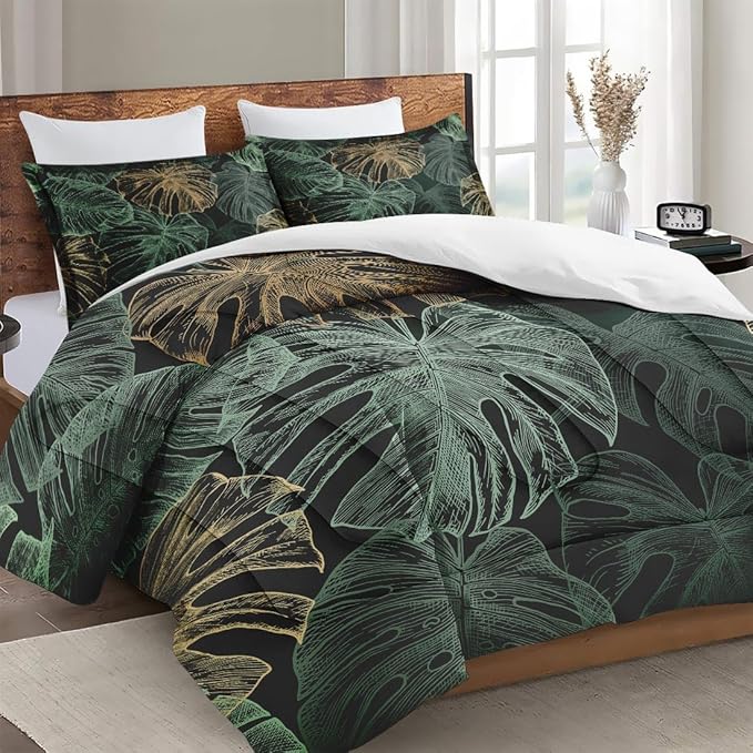Queen Size Comforter Set with 2 Pillowcases, Green Tropical Leaves 3 Pcs Bedding for Kids and Adults, Monstera Palm Leaf Soft Comforter Set for Bedroom Bed Decor