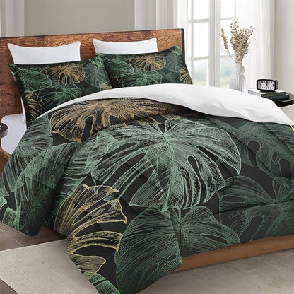 Queen Size Comforter Set with 2 Pillowcases, Green Tropical Leaves 3 Pcs Bedding for Kids and Adults, Monstera Palm Leaf Soft Comforter Set for Bedroom Bed Decor