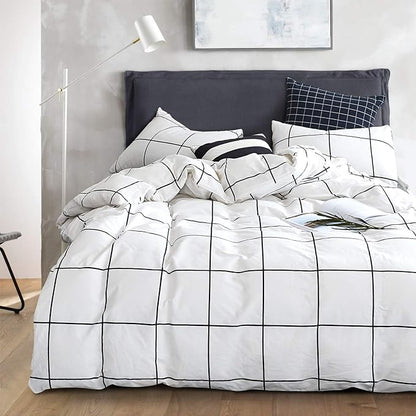KAREVER White Grid Comforter Set Big Grid Bedding Set King White Black Plaid Printed Stripes Women Checkered Comforters Bedding White Plaid King Comforter
