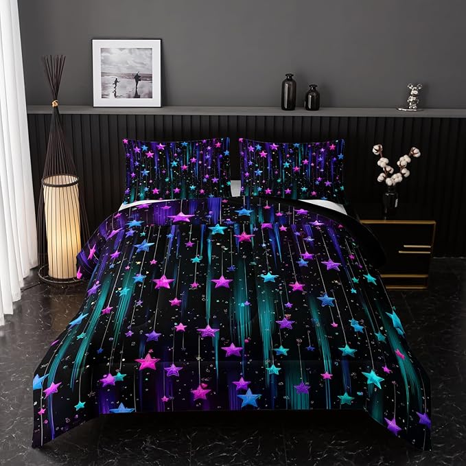 Colorful Stars Comforter Set King Size,Galaxy Starry Printed Bedding Set for Men Women Adults,Colorful Stars Room Decor with Soft and Lightweight Comforter and 2 Pillowcases