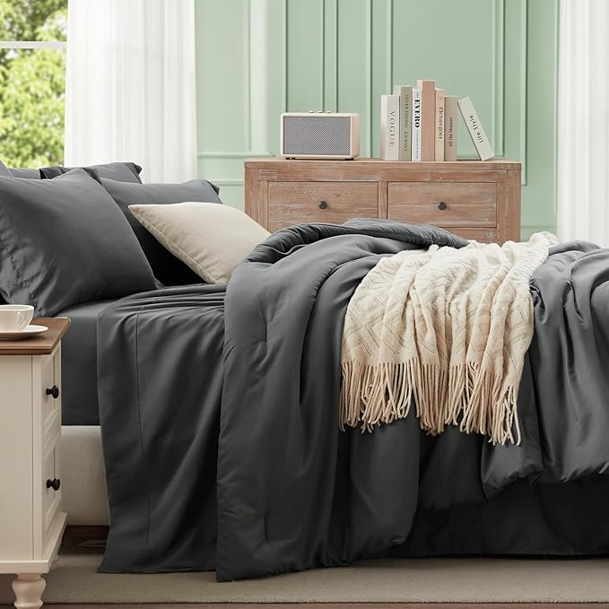 Anluoer Dark Grey California King Comforter Set 7 Pieces, Bed in a Bag with Sheets, All Season Bedding Sets with 1 Comforter, 2 Pillow Shams, 2 Pillowcases, 1 Flat Sheet, 1 Fitted Sheet