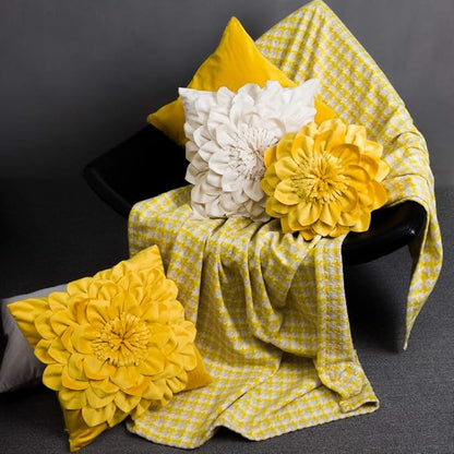 Decorative Throw Pillow 3D Flower Round Pillow Accent Handmade Cushion with Insert for Couch Bed Home Decor 14 inch Yellow