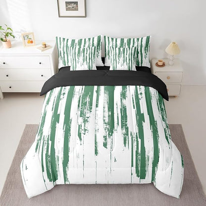 Erosebridal 7Pcs Sage Green Striped Comforter Set Full,Turquoise Geometric Abstract Bed in A Bag,Art Ink Painting Bedding with Bed Sheets,Contemporary Watercolor Graffiti Boho Quilt with Pillowcases