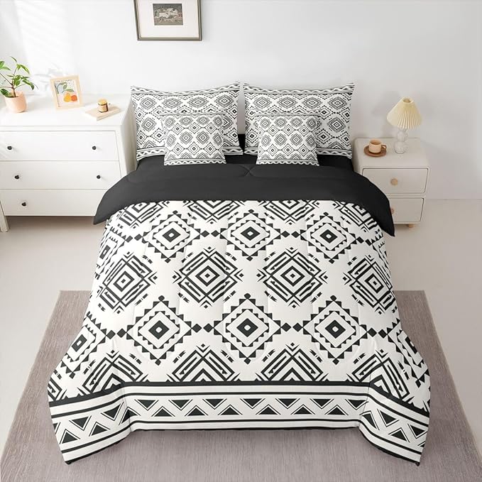 Erosebridal Boho Western King Comforter Set with Sheets 7 Piece Grey White Southwestern Bed in A Bag Rustic Farmhouse Aztec Bedding Sets for Teens Teenager Modern Geometric Diamond Bed Set
