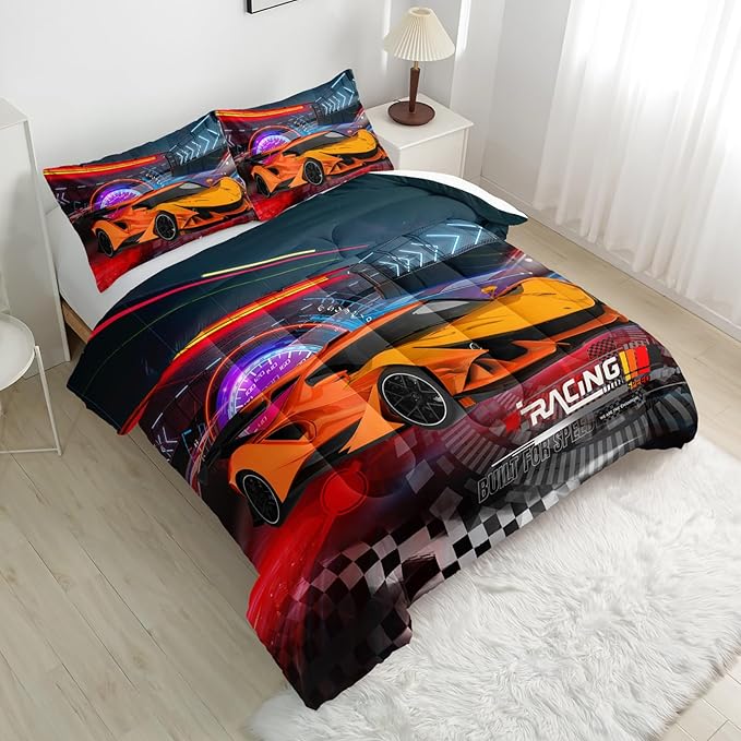 Racing Cars Comforter Sets Twin Size,Bedding Sets for Kids,Sports Car Theme Comforter Sets All Season 1 Comforter and 2 Pillowcases