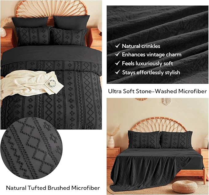 MR&HM Twin XL Comforter Set Black, 5 Pieces Tufted Boho Beddding Sets, Farmhouse Style Bed in a Bag with 1 Comforter, 1 Pillow Sham, 1 Pillowcase, 1 Flat Sheet, 1 Fitted Sheet for College Dorm
