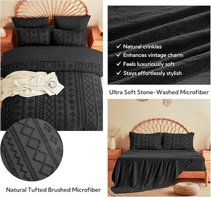 MR&HM Twin XL Comforter Set Black, 5 Pieces Tufted Boho Beddding Sets, Farmhouse Style Bed in a Bag with 1 Comforter, 1 Pillow Sham, 1 Pillowcase, 1 Flat Sheet, 1 Fitted Sheet for College Dorm