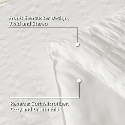 CozyLux Queen Comforter Set White Seersucker 7 Pieces Bed in a Bag Queen Comforter Set with Sheets, Luxury Soft Bedding Set with Down Alternative Comforter, Sheets, Pillowcases & Shams for All Seasons
