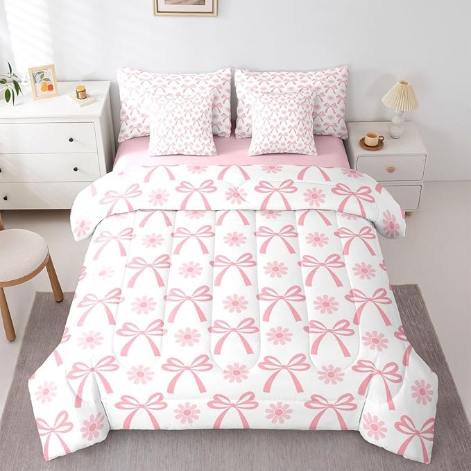 Feelyou Pink Bow Comforter Set Twin Size 7 Pieces Groovy Flower Daisy Bedding Set for Kids Boys Girls Cute Bowknot Bed in a Bag with Comforter, Sheets, Pillowcases, Cushion Covers Kawaii