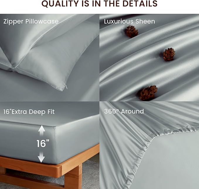THXSILK Luxury Mulberry Silk Fitted Sheet Set 3 Pcs, King Silk Bed Sheet Set with 16" Deep Pockets, Soft & Cooling Sheets, 1 Fitted Sheet, 2 Pillowcases with Zipper Closure - Stone Blue
