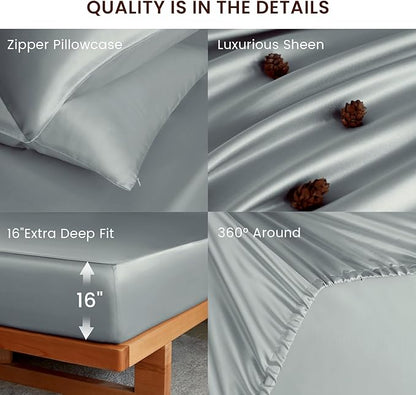 THXSILK Luxury Mulberry Silk Fitted Sheet Set 3 Pcs, Queen Silk Bed Sheet Set with 16" Deep Pockets, Soft & Cooling Sheets, 1 Fitted Sheet, 2 Pillowcases with Zipper Closure - Stone Blue