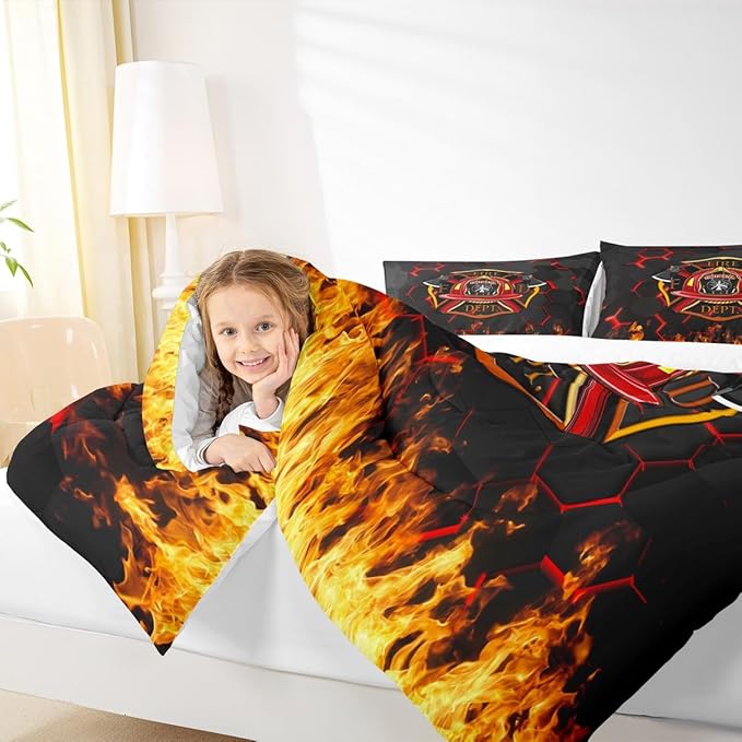 Fire Fighting Kids Comforter Set Queen Size,Fire Fighting Truck Tool Flame Bedding Set,Boys Girls Adults Room Decor,Geometric Honeycomb Hexagon Down Comforter,Red Black Duvet Insert,2 Pillowcases