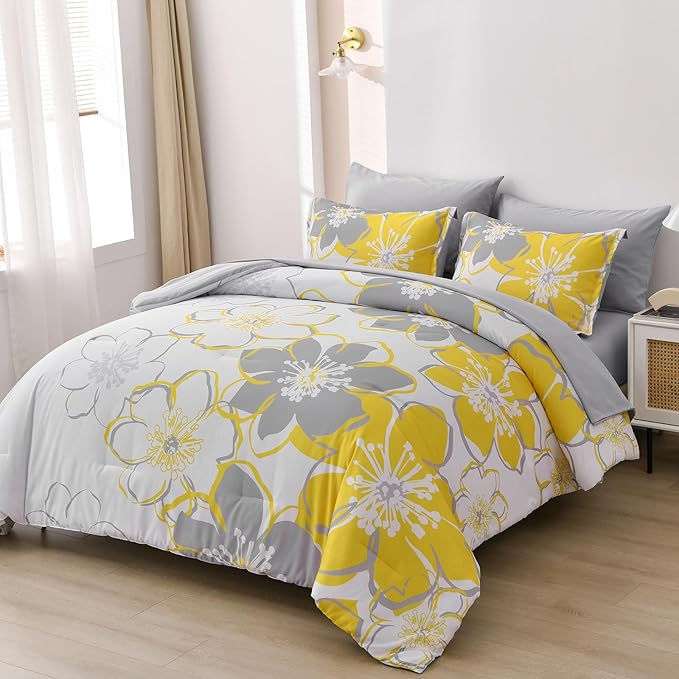 Anibedding Yellow Floral Comforter Set California King Size 7 Pieces Reversible Bed in a Bag with Sheets Set for All Season, Soft Microfiber Complete Bedding Set All Season