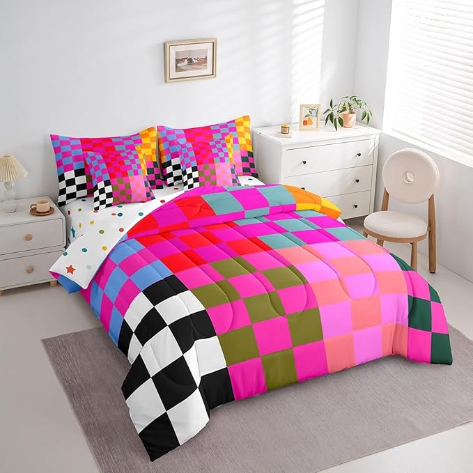 Feelyou Multicolored Checkered Retro 7 Piece Bedding Set Kids Boys Girls Geometric Vintage Comforter Set with Sheets Twin Size Black Red Purple Bed in a Bag Modern Simple Groovy Aesthetic Room Decor