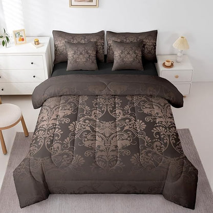 Erosebridal Gothic Damask Bed in a Bag Queen Comforter Set 7 Piece,Exotic Moth Bedding Sets Black Brown Victorian Floral Goth Sheet Set with Comforter