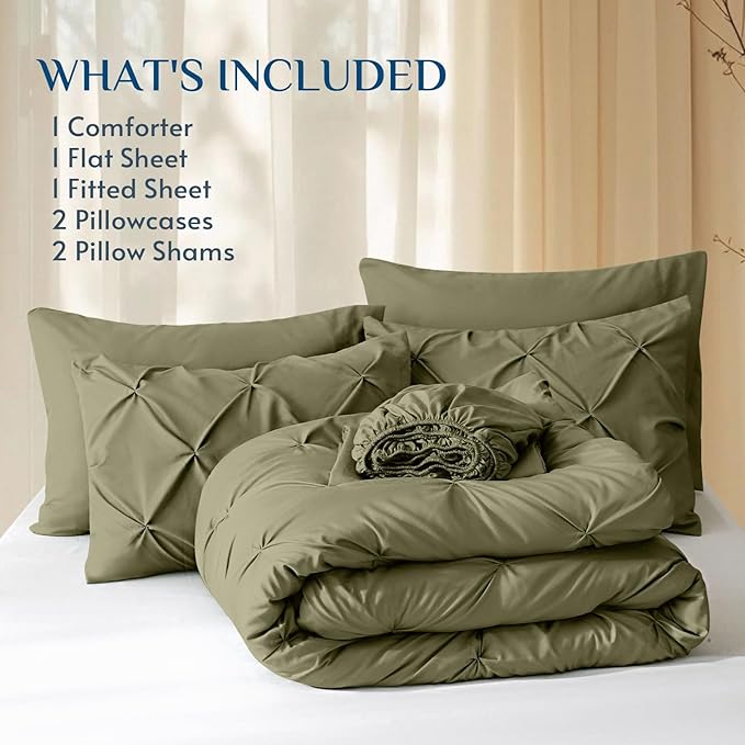JOLLYVOGUE King Size Comforter Set 7 Pieces - Bed in a Bag King for All Season, Pintuck Bedding Comforter Sets with Comforter, Flat Sheet, Fitted Sheet and Pillowcases & Shams, Olive Green