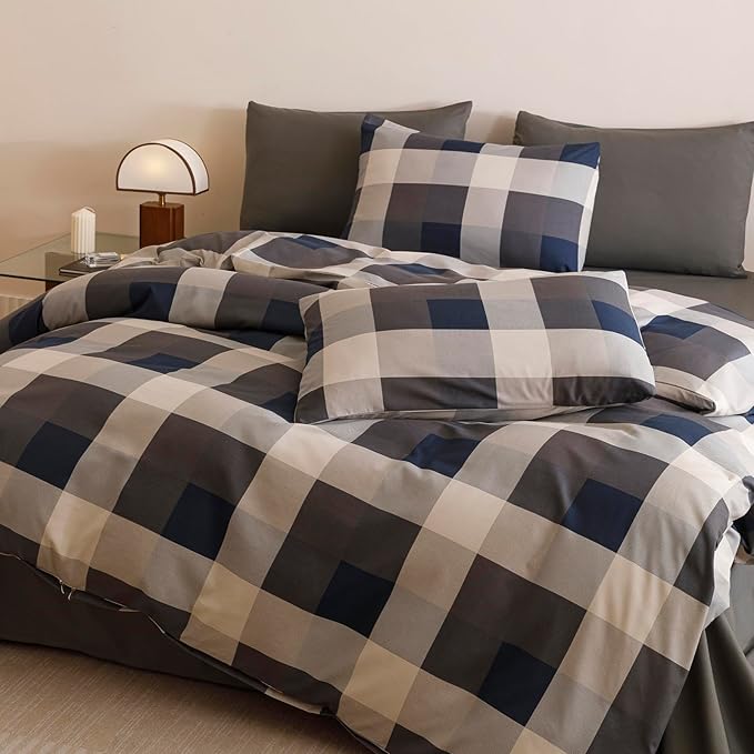 CLOTHKNOW Blue Grey Plaid King Size Comforter Set Gingham Buffalo Bedding Comforter Sets Geometric Comforter King Sets with 2 x Pillow Cases