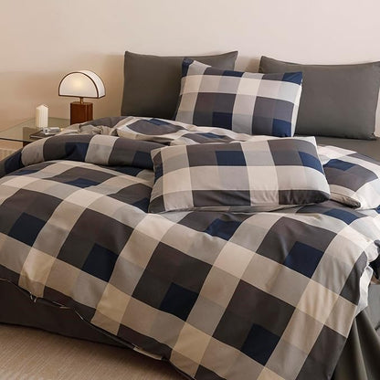 CLOTHKNOW Blue Grey Plaid King Size Comforter Set Gingham Buffalo Bedding Comforter Sets Geometric Comforter King Sets with 2 x Pillow Cases