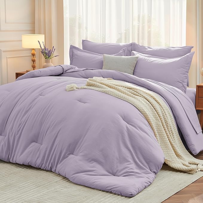 MUXHOMO 5 Pieces Twin XL Comforter Set, Soft Bed in a Bag Twin XL Size, All Season Bedding Set with Comforter, Flat Sheet, Fitted Sheet, Pillowcases & Shams, Lavender