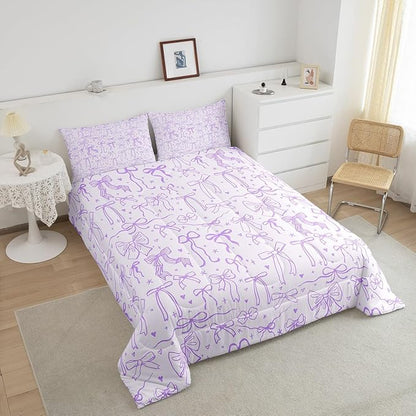 Cartoon Bowknot Kids Bedding Set Full Size,Purple Bow Tie Comforter Set 3Pcs,Butterfly Knot Princess Girls Quilt Set for Teens Woman,Bow Stars Love Sweet Girly Duvet Insert,2 Pillowcases