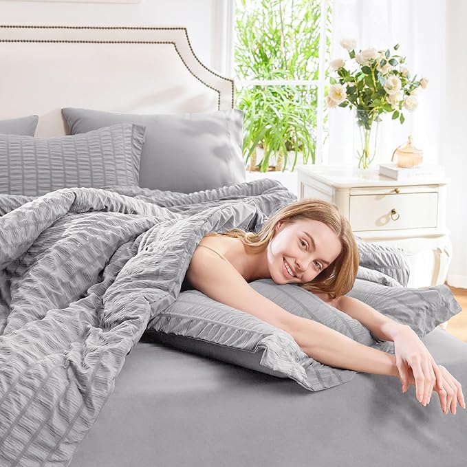 CozyLux Queen Comforter Set Grey Seersucker 7 Pieces Bed in a Bag Queen Comforter Set with Sheets, Gray Luxury Soft Bedding Set with Down Alternative Comforter, Sheets, Pillowcases & Shams All Seasons