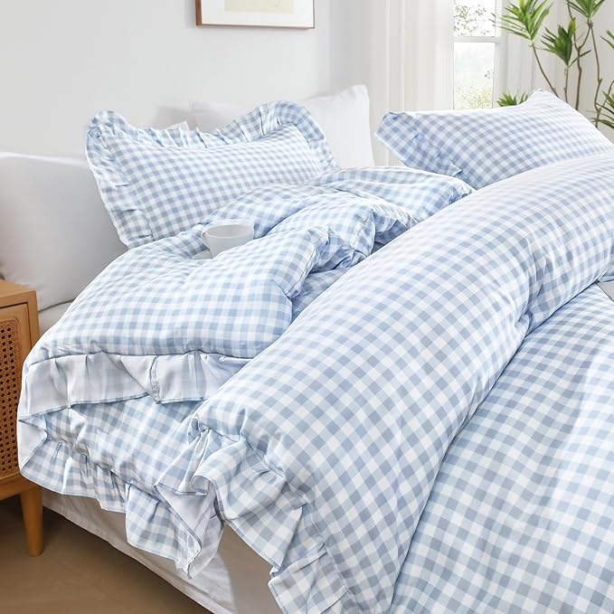 Andency Blue Gingham Ruffle Comforter Twin(66x90Inch), 2 Pieces(1 Ruffled Comforter and 1 Pillowcase) Solid Farmhouse Shabby Chic Bed, Vintage Rustic Soft Microfiber Bedding Set