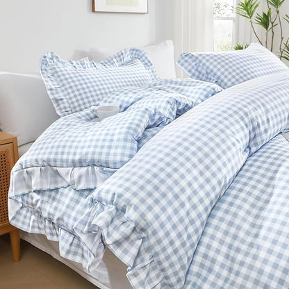 Andency Blue Gingham Ruffle Comforter King(104x90Inch), 3 Pieces(1 Ruffled Comforter and 2 Pillowcases) Solid Farmhouse Shabby Chic Bed, Vintage Rustic Soft Microfiber Bedding Set