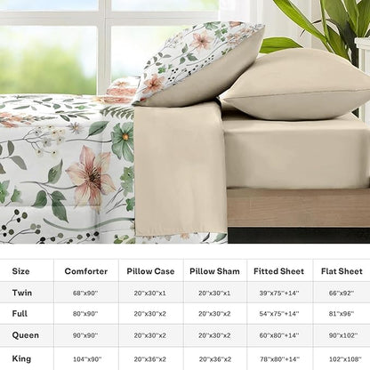 Nesker 7 Pcs Spring Comforter Set Queen Size, Green Floral Bedding Set for Kids and Adults, Fern Rose Tulip Bed Sheet Sets with Fitted Sheet 2 Pillowcases & 2 Shams