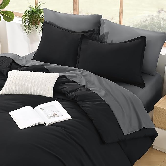 Litanika Comforter Queen Size Set Black Grey - 7 Pieces Bed in a Bag Queen Bedding Comforter Sets, Plain Lightweight Bed Set with Comforter, Sheets, Pillowcases & Shams