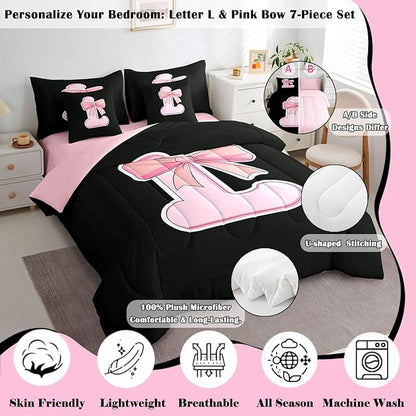jejeloiu Kawaii Pink Bow Queen Comforter Set with Sheets,Gifts for Women Teen Girl,Personalized Initial Letter L 7 Piece Bedding Set,Soft Monogrammed Bed in a Bag with Comforter,Sheets,Pillowcases